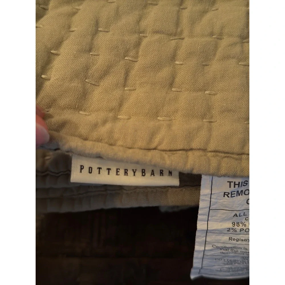 Pottery Barn Twin Pick Stitch Quilt Tan Khaki Cotton Linen Blend Bedding 3024577